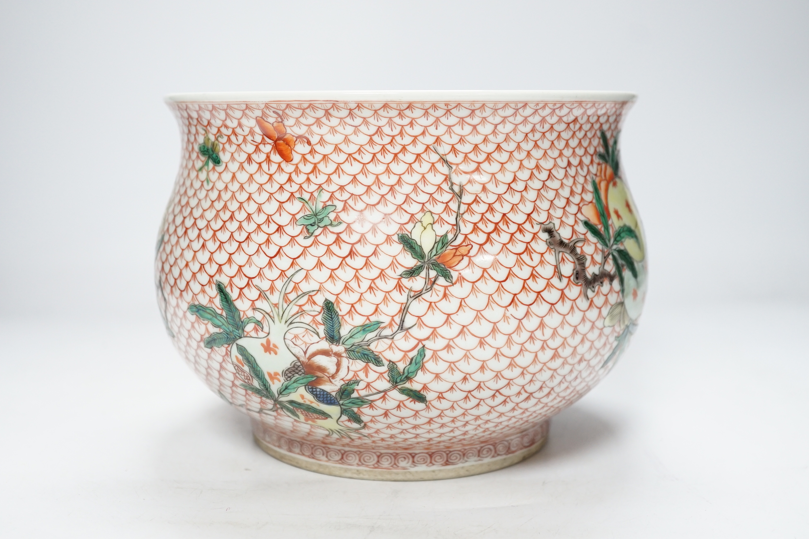 A Chinese famille verte jardiniere, Kangxi mark but later, 20cm diameter